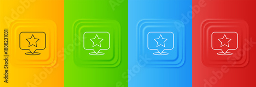 White Map pointer with star icon isolated on colorful background. Star favorite pin map icon. Map markers. Set icons in square buttons. Vector