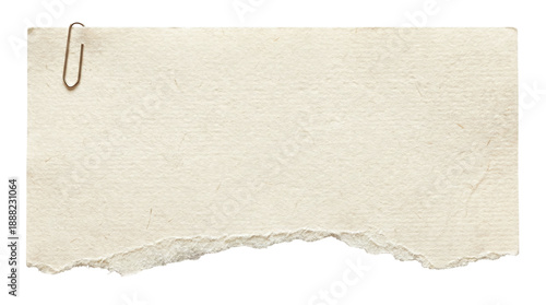Foto Torn beige paper note with textured edges and metal paperclip isolated on transp