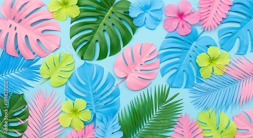 Vibrant tropical leaves and flowers pattern