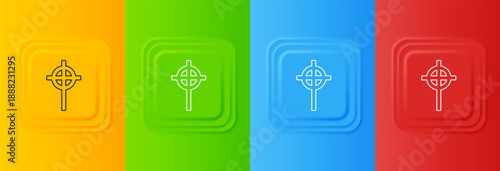 White Christian cross icon isolated on colorful background. Church cross. Set icons in square buttons. Vector