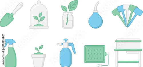 Greenhouse seed starting vector elements flat vector pack with fresh mint green sky blue porcelain white handheld soil scoop glass cloche propagation jar watering bulb plastic plant tags spray bottle 