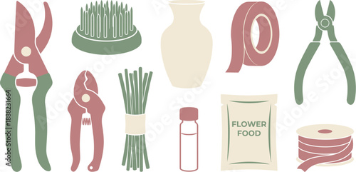 Floristry flower arrangement tools flat vector pack with dusty rose sage green cream floral shears heavy metal flower frog minimalist glass vase roll floral tape wire cutters rose thorn stripper 