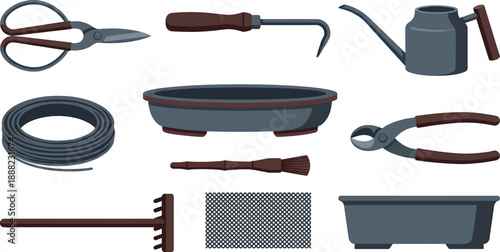 Specialized bonsai care tools flat vector pack with professional slate charcoal deep wood-tone precision pruning scissors root hook miniature watering pot training wire shallow ceramic tray bamboo 