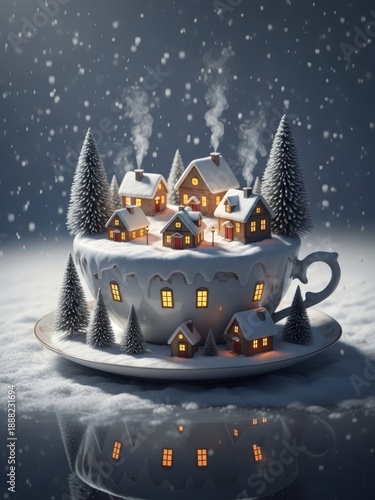 Creative surreal concept of a tiny snowy village inside a white cup, symbol of warmth, comfort and winter magic