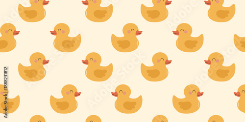 Seamless pattern with cute yellow rubber duck. Funny wallpaper with bathroom plastic toy. Flat vector background.