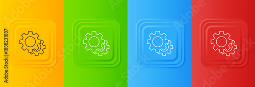 White Gear icon isolated on colorful background. Cogwheel gear settings sign. Cog symbol. Set icons in square buttons. Vector