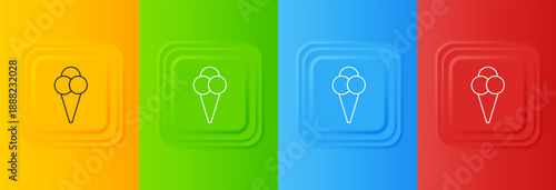 White Ice cream in waffle cone icon isolated on colorful background. Sweet symbol. Set icons in square buttons. Vector
