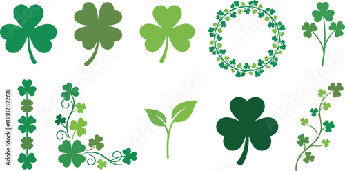 Minimalist shamrock botanical vectors flat vector pack with various shades green classic three-leaf shamrock lucky four-leaf clover heart-shaped clover leaf botanical wreath small clovers single stem 