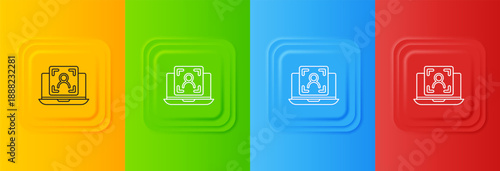White Laptop with face recognition icon isolated on colorful background. Face identification scanner icon. Facial id. Cyber security concept. Set icons in square buttons. Vector