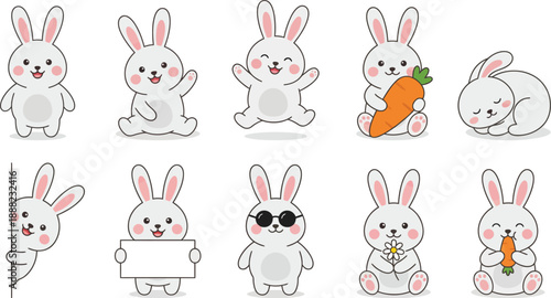Cute round white bunny character collection with 10 adorable poses including standing smiling sitting waving jumping holding carrot sleeping peeking sign sunglasses flower nibbling flat vector