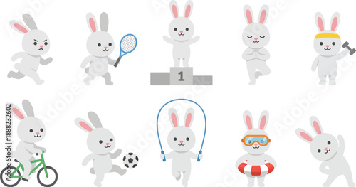Athletic white bunny sports character with 10 energetic poses running tennis podium yoga dumbbell bicycle soccer jump rope swimming stretching fitness flat vector illustration set