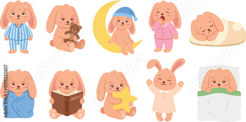 Cozy peach bunny bedtime character with 10 sleepy poses striped pajamas teddy bear moon yawning slipper blanket storybook pillow duvet nighttime flat vector illustration