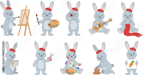 Creative grey bunny artist character with red beret 10 hobby poses painting easel palette camera guitar knitting sketching scissors sculpting drawing flat vector illustration