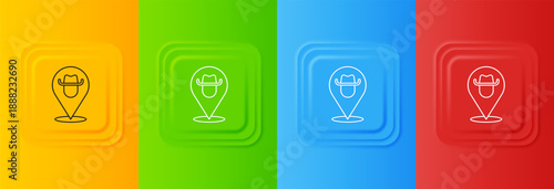 White Location cowboy icon isolated on colorful background. Set icons in square buttons. Vector