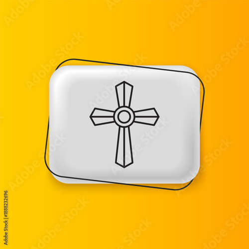 Black Tombstone with cross icon isolated on yellow background. Grave icon. Silver rectangle button. Vector