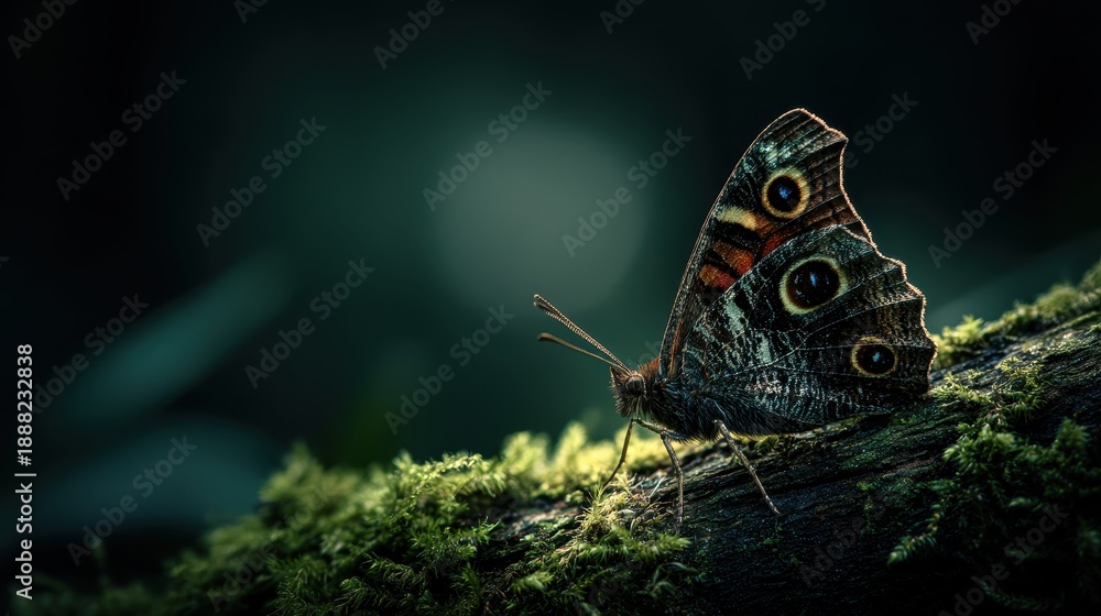 Fototapeta premium Close-up of a beautiful butterfly resting on a moss-covered log in a dark forest
