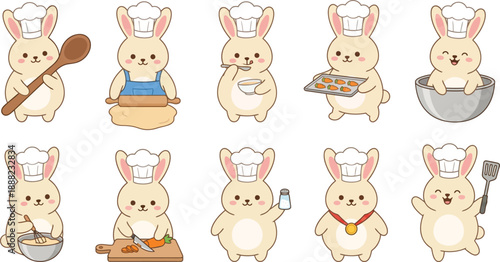 Cream bunny chef character with white hat 10 culinary poses wooden spoon apron dough tasting cookies bowl whisking chopping medal kitchen cooking flat vector illustration