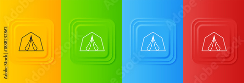 White Tourist tent icon isolated on colorful background. Camping symbol. Set icons in square buttons. Vector