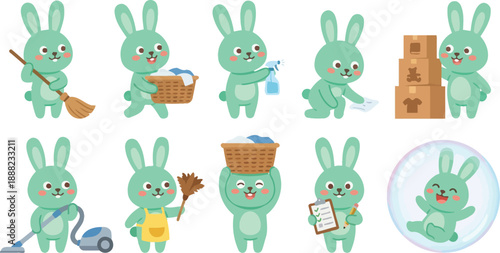 Mint green bunny cleaning character with 10 spring organization poses broom laundry spray cloth boxes vacuum apron duster checklist bubble household flat vector illustration