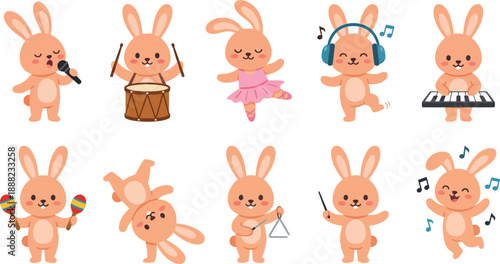 Peach bunny music character with 10 dance performance poses singing microphone drum ballet headphones keyboard maracas breakdance triangle baton notes flat vector illustration
