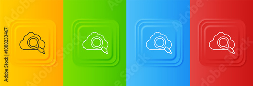 White Search cloud computing icon isolated on colorful background. Magnifying glass and cloud. Set icons in square buttons. Vector