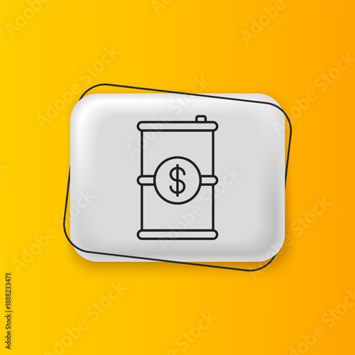 Black Barrel oil with dollar symbol icon isolated on yellow background. Silver rectangle button. Vector