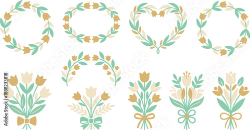 Modern minimalist spring floral frames and bouquets with 10 geometric elements mint soft gold cream round oval heart hexagonal wreaths abstract tulips leaves arches bows flat vector