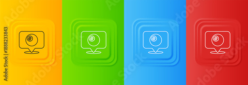 White Map pointer with billiard pool snooker ball with number 8 icon isolated on colorful background. Set icons in square buttons. Vector