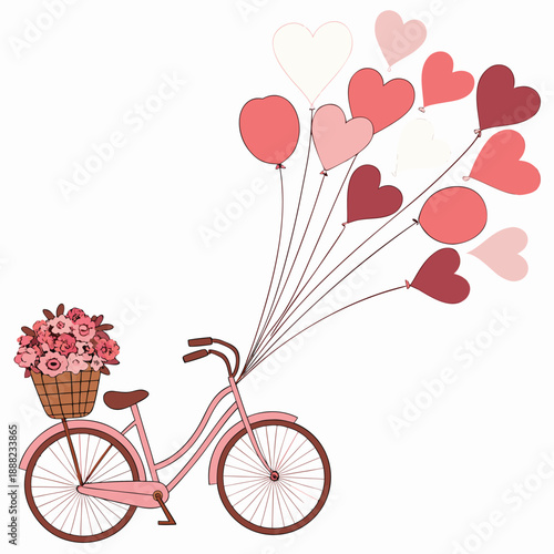 A charming pink bicycle carries heart shaped balloons and flowers a romantic silhouette