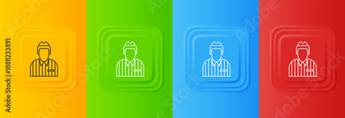 White Hockey judge, referee, arbiter icon isolated on colorful background. Set icons in square buttons. Vector