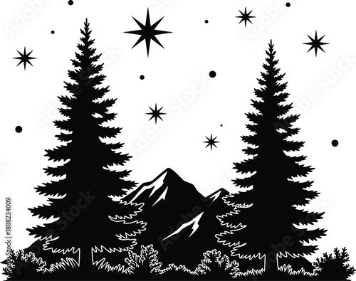 Black vector silhouette of a mountain peak between two tall pine trees under a starry night sky for outdoor travel and wilderness adventure design