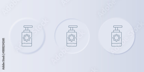Grey Sunscreen spray bottle icon isolated on grey background. Protection for the skin from solar ultraviolet light. Set icons in square buttons. Vector