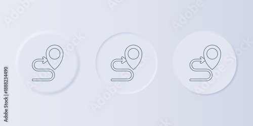 Grey Route location icon isolated on grey background. Map pointer sign. Concept of path or road. GPS navigator. Set icons in square buttons. Vector