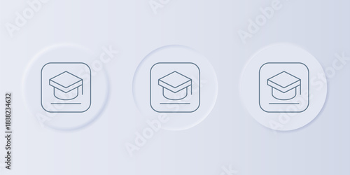 Grey Graduation cap icon isolated on grey background. Graduation hat with tassel icon. Set icons in square buttons. Vector