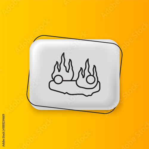Black Burning car icon isolated on yellow background. Car on fire. Broken auto covered with fire and smoke. Silver rectangle button. Vector