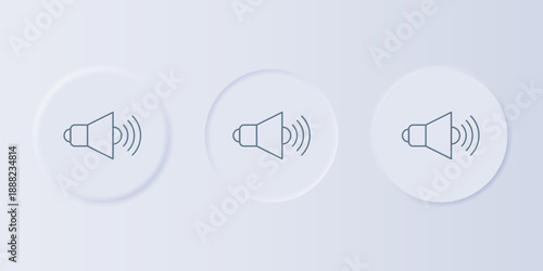 Grey Speaker volume, audio voice sound symbol, media music icon isolated on grey background. Set icons in square buttons. Vector
