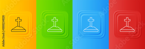 White Grave with cross icon isolated on colorful background. Set icons in square buttons. Vector