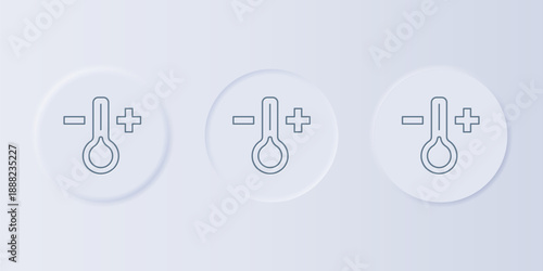 Grey Meteorology thermometer measuring icon isolated on grey background. Thermometer equipment showing hot or cold weather. Set icons in square buttons. Vector