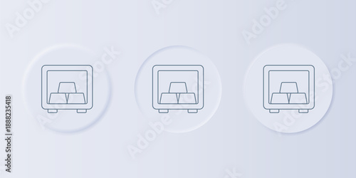 Grey Safe with gold bars icon isolated on grey background. Precious metals on deposit in bank. Metallic treasury. Reliable data protection. Set icons in square buttons. Vector