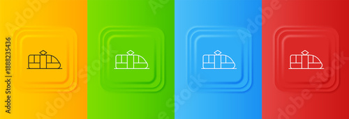 White Tram and railway icon isolated on colorful background. Public transportation symbol. Set icons in square buttons. Vector