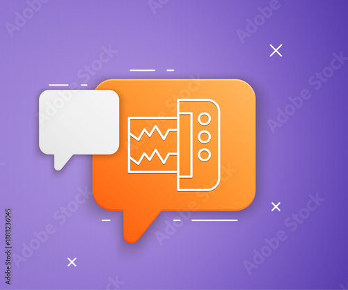 White Seismograph icon isolated on purple background. Earthquake analog seismograph. Orange speech bubble symbol. Vector