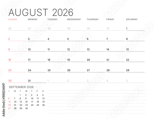 August 2026 Monthly Calendar Template for Planning and Organization supports clear organization of appointments with simple structure. Week starts on Sunday. Suitable for hybrid teams