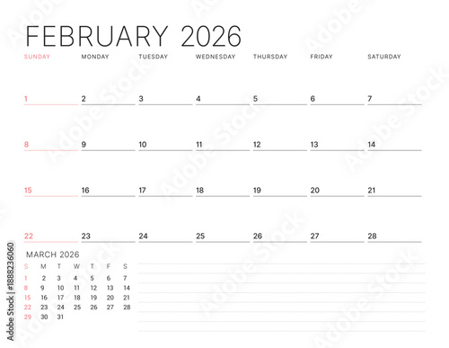 February 2026 Monthly Calendar Template for Planning and Organization improves team workflow and daily task tracking with clear minimalist layout. Week starts on Sunday. vector illustration
