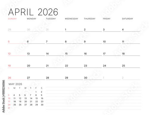 April 2026 Monthly Calendar Template for Planning and Organization helps structure workweek agendas using minimalist grid layout. Week starts on Sunday. Great for daily productivity