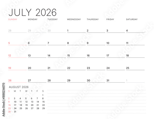 July 2026 Monthly Calendar Template for Planning and Organization provides optimal layout for structured task lists and weekly deadlines. Week starts on Sunday. Ideal for remote work