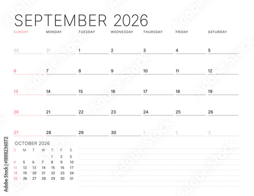 September 2026 Monthly Calendar Template for Planning and Organization improves focus and weekly task tracking with open design. Week starts on Sunday. Works well in corporate teams