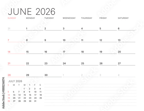 June 2026 Monthly Calendar Template for Planning and Organization simplifies weekly organization with structured lines and clear layout. Week starts on Sunday. vector illustration