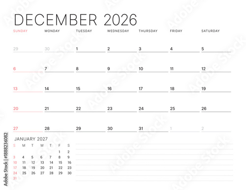December 2026 Monthly Calendar Template for Planning and Organization ensures clean weekly structure with blank lines for tracking events. Week starts on Sunday. Good for teams and individuals