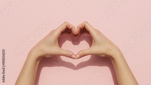 A pair of human hands gracefully forms a perfect heart shape against a smooth light pink background with a distinct shadow beneath created by strong studio lighting beautifully conveying fee