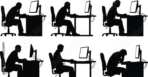 Black vector silhouette set of six office employees sitting at desks with computers for professional workspace corporate environment business management and modern workplace design